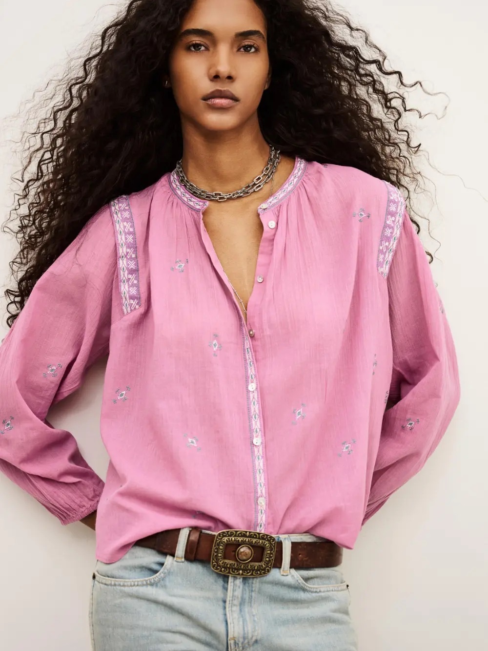 Woven Embroidered Peasant Blouse - Pink BASH